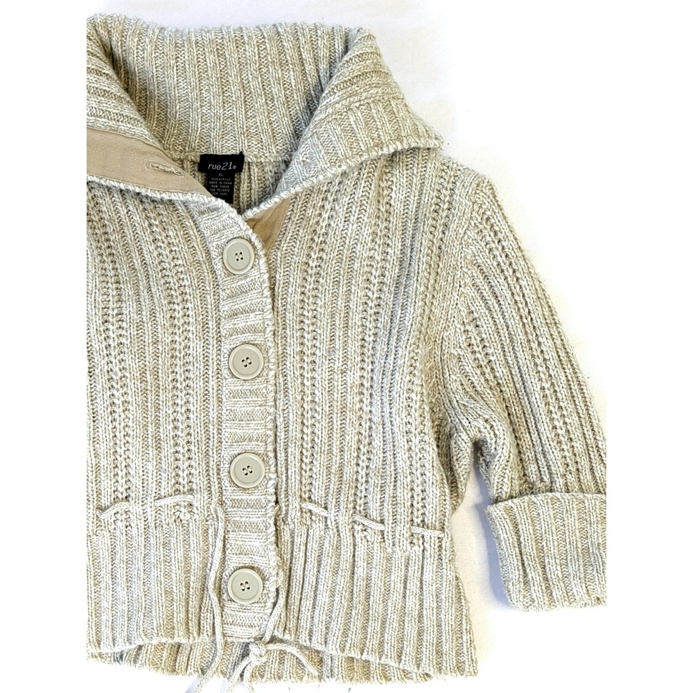Rue21 Womens XL Beige Ribbed Knit Button Front Cardigan Shawl Collar Sweater